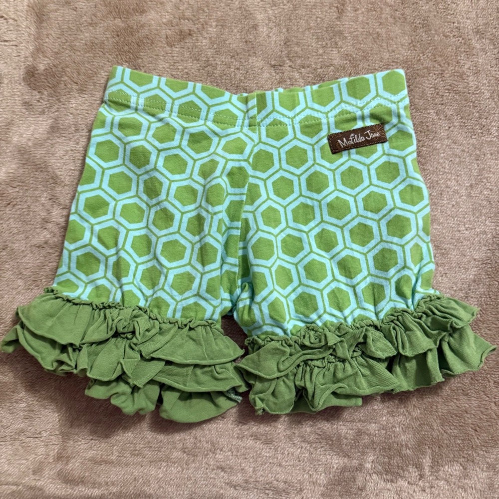Matilda Jane Puzzle Shorties Green Aqua Geometric Ruffle Shorts Girls Size 4